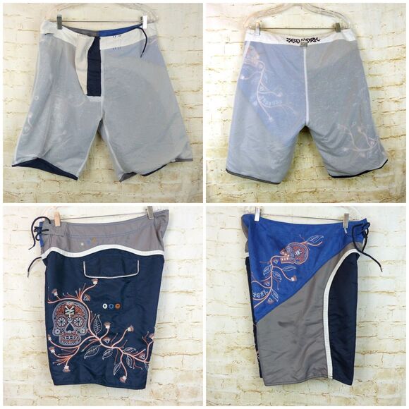 VTG Zoo York Swim Board Short Men 34X10 Blue Gray Skull Embroidery Skate Y2K - Picture 14 of 14